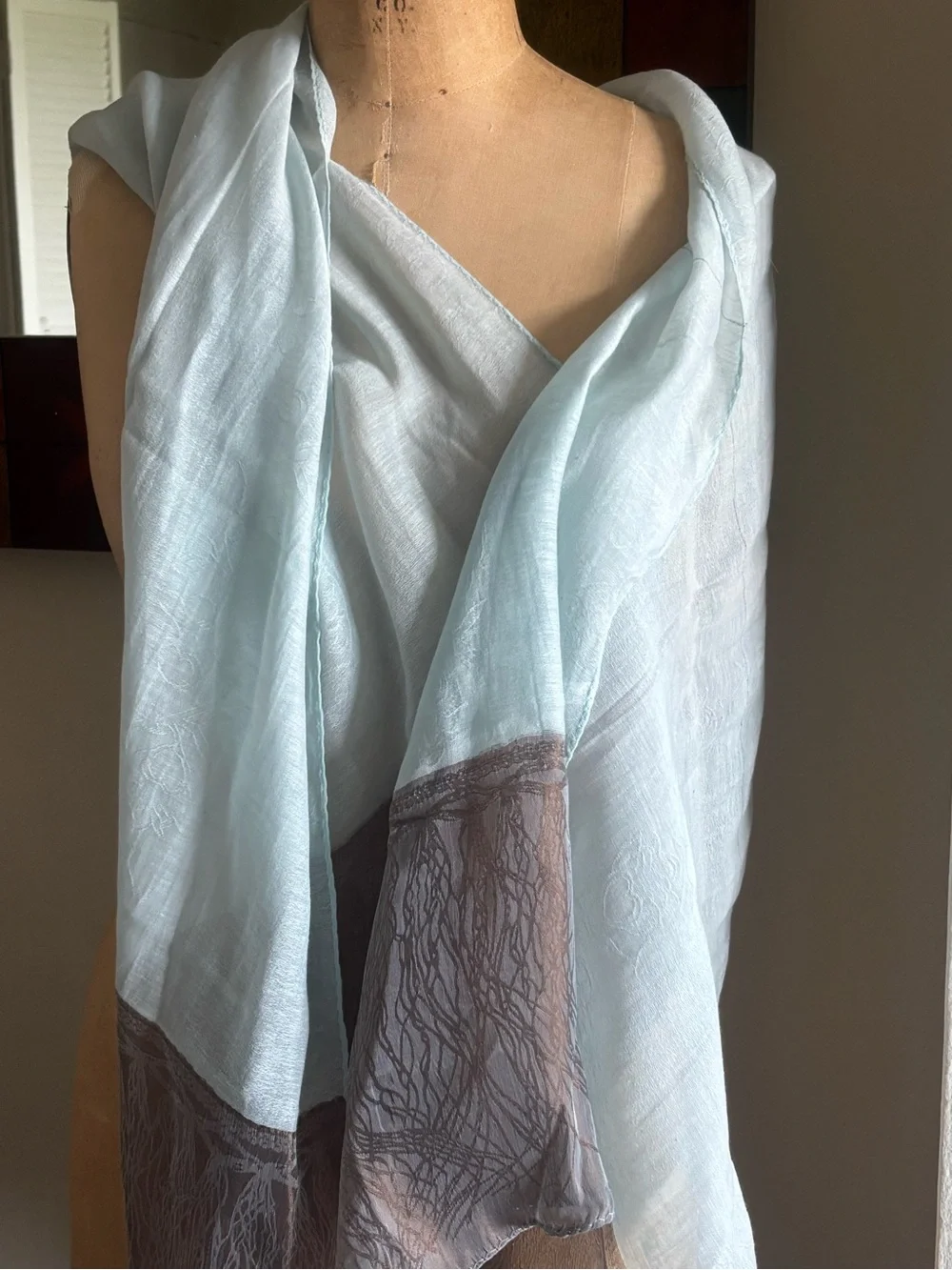 Light Blue and Taupe Raw Silk Scarf, Hand Loom, slightly imperfect